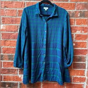 J. Jill Large Petite Blue Plaid Skirted Button Front Long Sleeve Tunic pockets